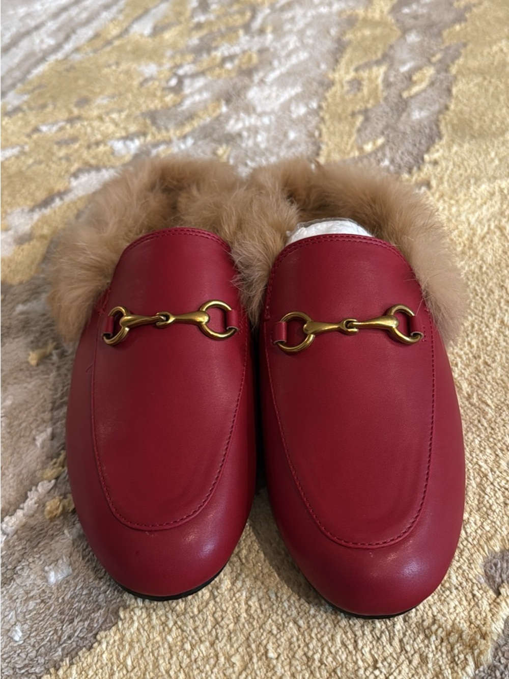 Red Leather Fur-Lined Slip-On Loafers with Gold Bit Detail